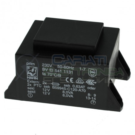 Trasformatore incapsulato doppia uscita 12V 16VA ingresso 230V 2x12V BVEI5411131 Hahn