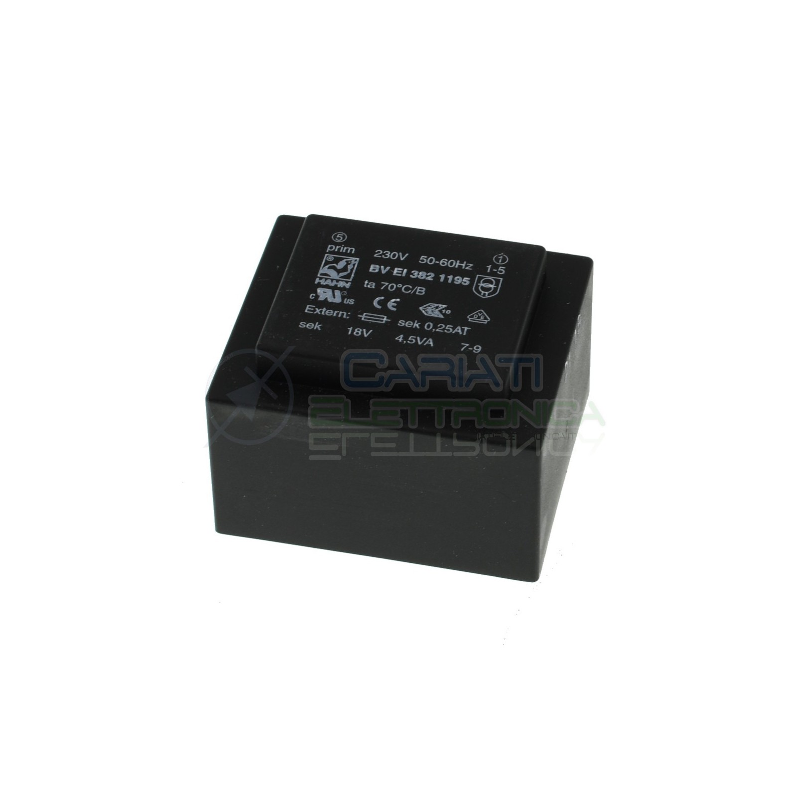 Trasformatore incapsulato singola uscita 18V 4,5VA ingresso 230V BVEI3821195 Hahn