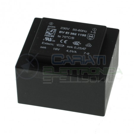 Trasformatore incapsulato singola uscita 18V 4,5VA ingresso 230V BVEI3821195 Hahn