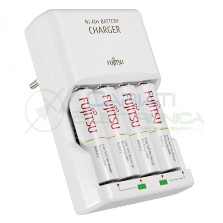 Caricabatterie Fujitsu NiMh con 4 Pile Stilo AA 1900mah Carica Batterie Fujitsu