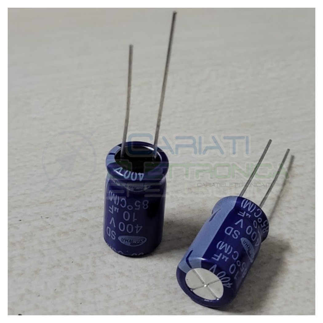 2 pezzi 10uF 400V Condensatore Elettrolitico 10x16mm 85° passo 5mm Samwha