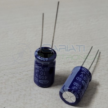 2 pezzi 10uF 400V Condensatore Elettrolitico 10x16mm 85° passo 5mm Samwha