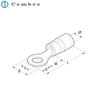 10 pezzi Capicorda ad occhiello M6 GIALLO foro 6.4mm isolato AWG 22-16Cembre