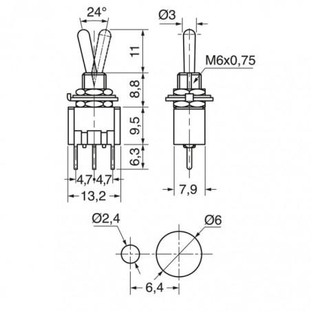 DEVIATORE MINIATURA 1 SCAMBIO 2 POS. STANDARD DA CS 6A 125V Elcart