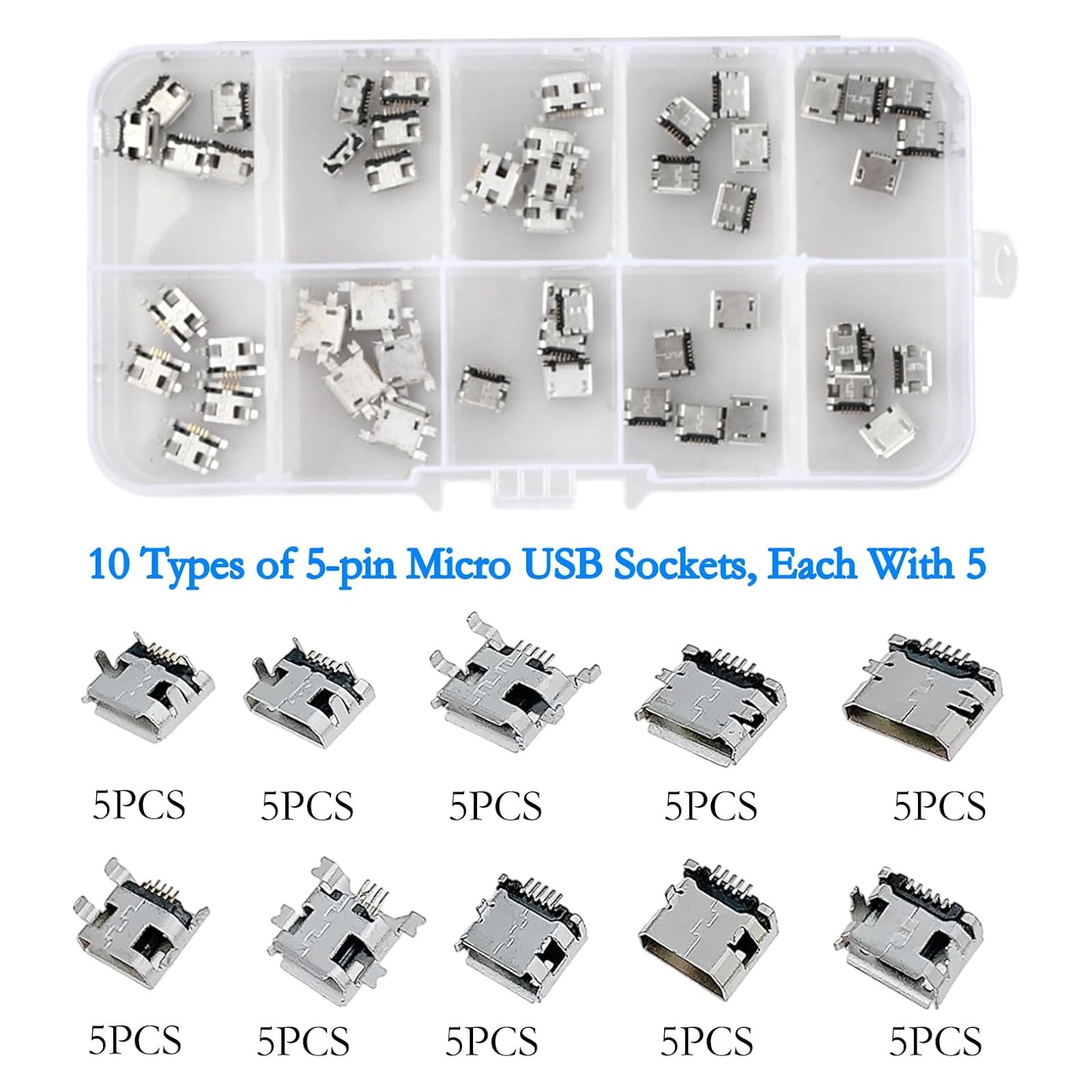 SET 50pz Micro USB Connettore Femmina a 180 Gradi a 5 Pin DIP