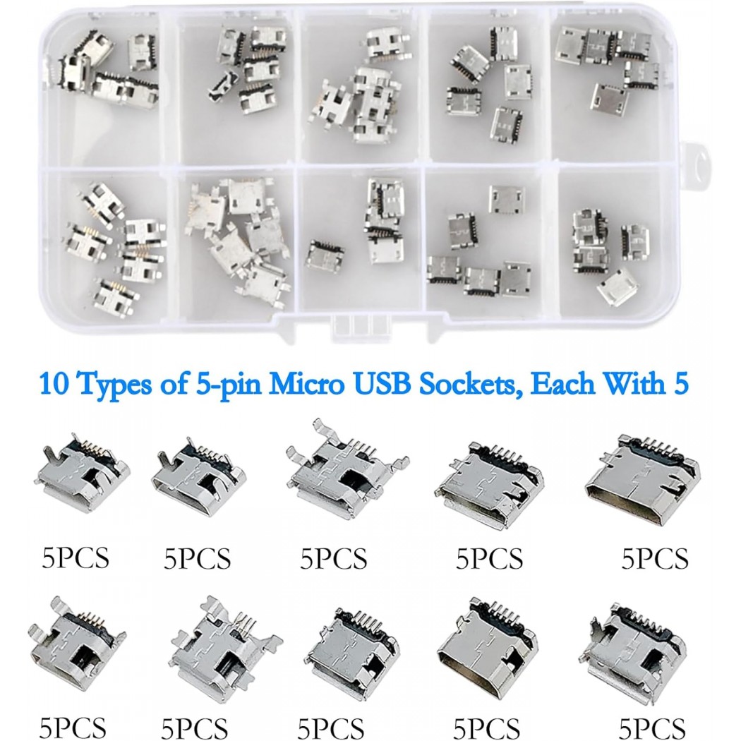 SET 50pz Micro USB Connettore Femmina a 180 Gradi a 5 Pin DIP