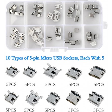 SET 50pz Micro USB Connettore Femmina a 180 Gradi a 5 Pin DIP