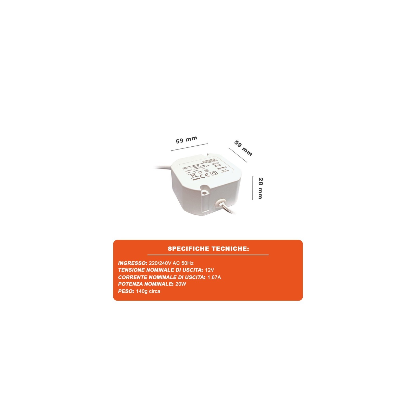 ProPart Alimentatore IP67 Stagno Per Lampade/Strisce Led 12v Dc 20W 1.67A Propart