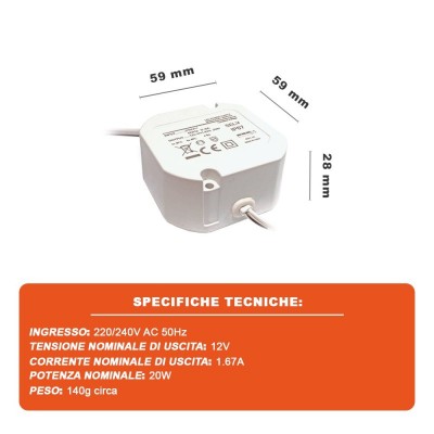 ProPart Alimentatore IP67 Stagno Per Lampade/Strisce Led 12v Dc 20W 1.67APropart