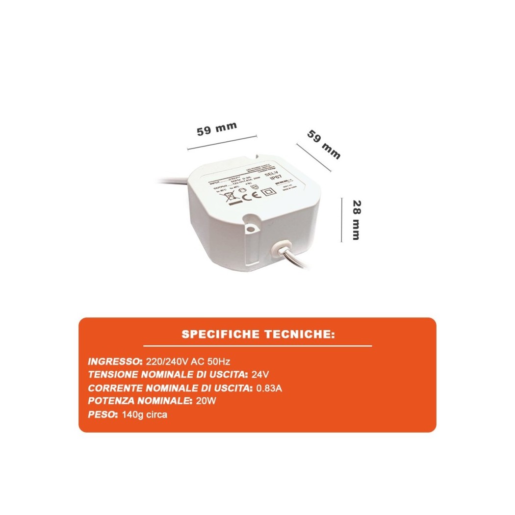 ProPart Alimentatore IP67 Stagno Per Lampade/Strisce Led 24v Dc 20W 0.83A Propart