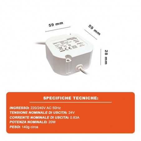 ProPart Alimentatore IP67 Stagno Per Lampade/Strisce Led 24v Dc 20W 0.83A Propart