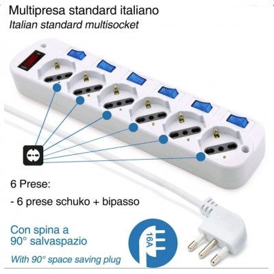 Multipresa 6 posti ProPart - 6 prese 10/16A bipasso/schuko 2P+T con 2 fori di montaggioPropart