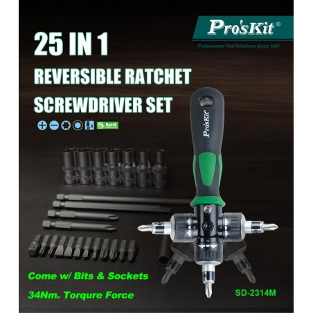 PROSKIT SD-2314M Set di cacciaviti a cricchetto reversibile 25 in 1 con punte e bussoleProskit