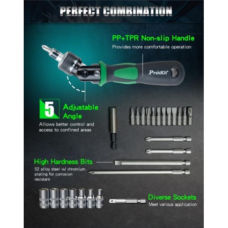 PROSKIT SD-2314M Set di cacciaviti a cricchetto reversibile 25 in 1 con punte e bussoleProskit