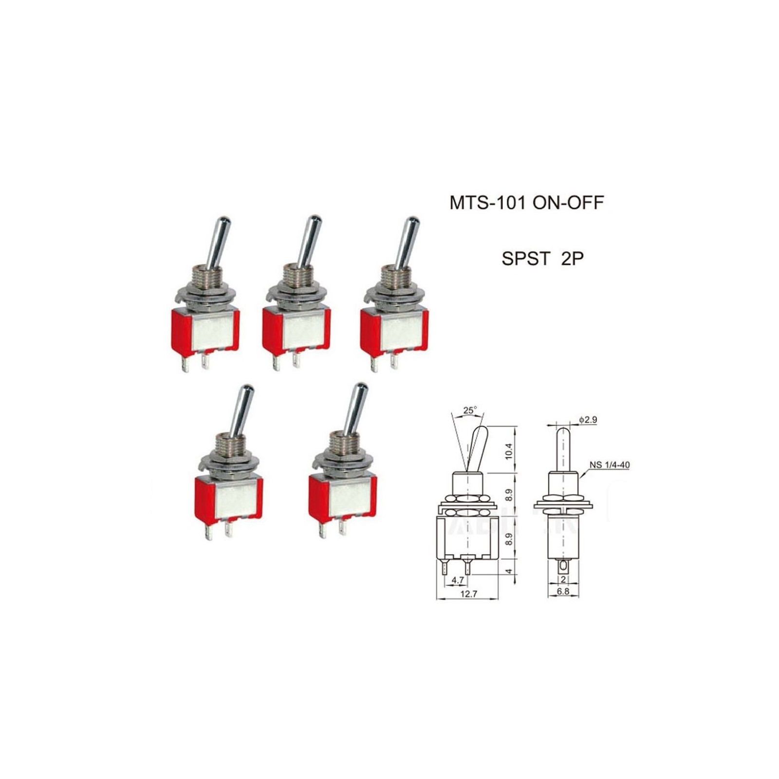 5 Pz Interruttore MTS-101 ON - OFF SPST 2A 250V da pannello