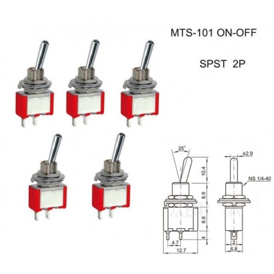 5 Pz Interruttore MTS-101 ON - OFF SPST 2A 250V da pannello