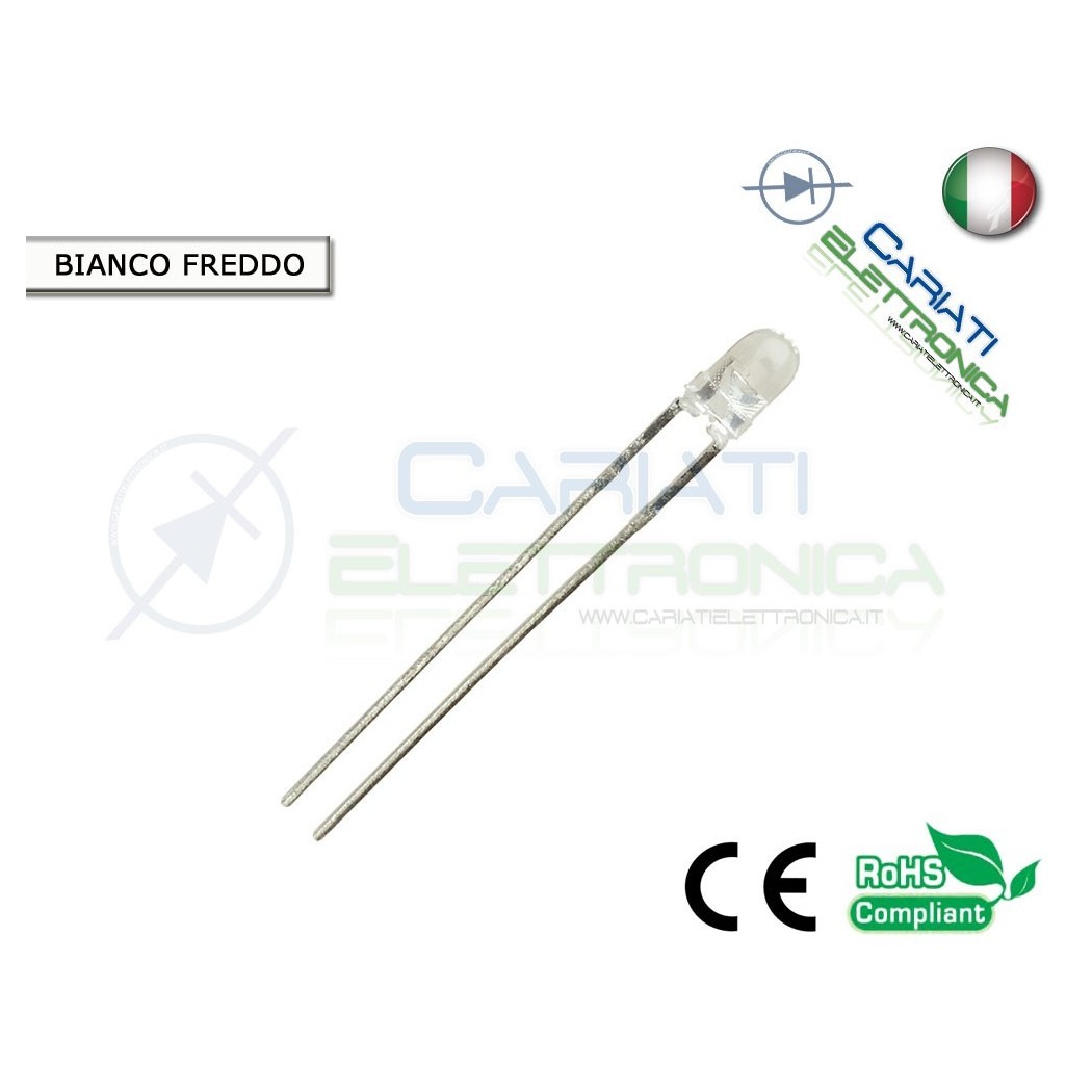 500 pz Led 3mm Bianchi Bianco Freddo 20000mcd alta luminosità