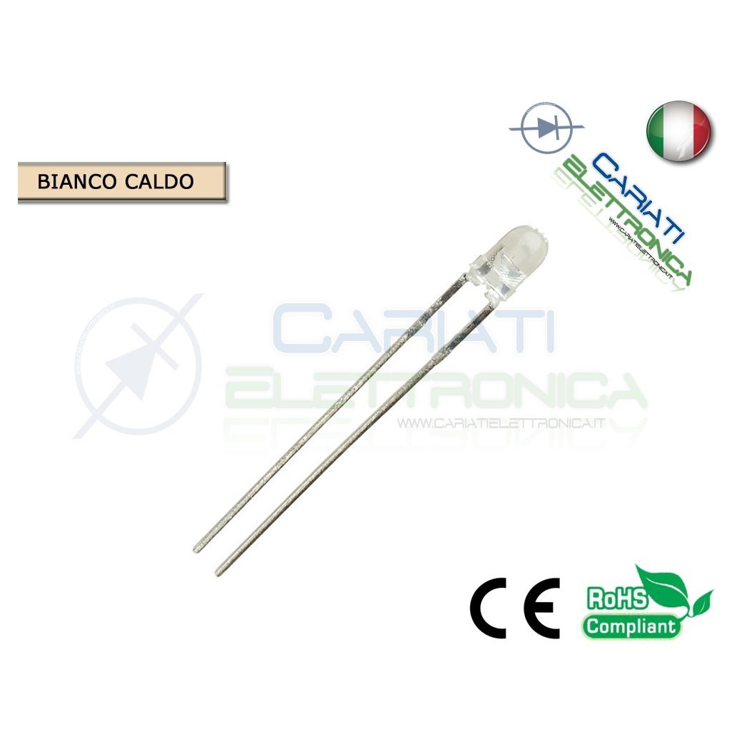 10 pz Led 3mm Bianco Caldo 13000mcd alta luminosità