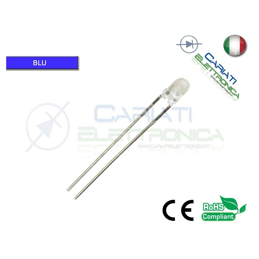 100 pz Led 3mm Blu 8000mcd alta luminosità