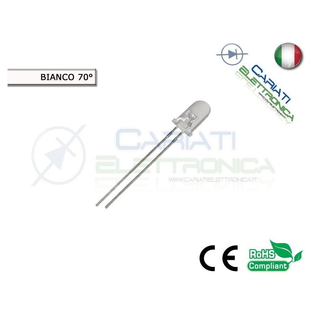 100 pz Led 5mm 70 ° Bianchi Bianco 8000mcd alta luminosità