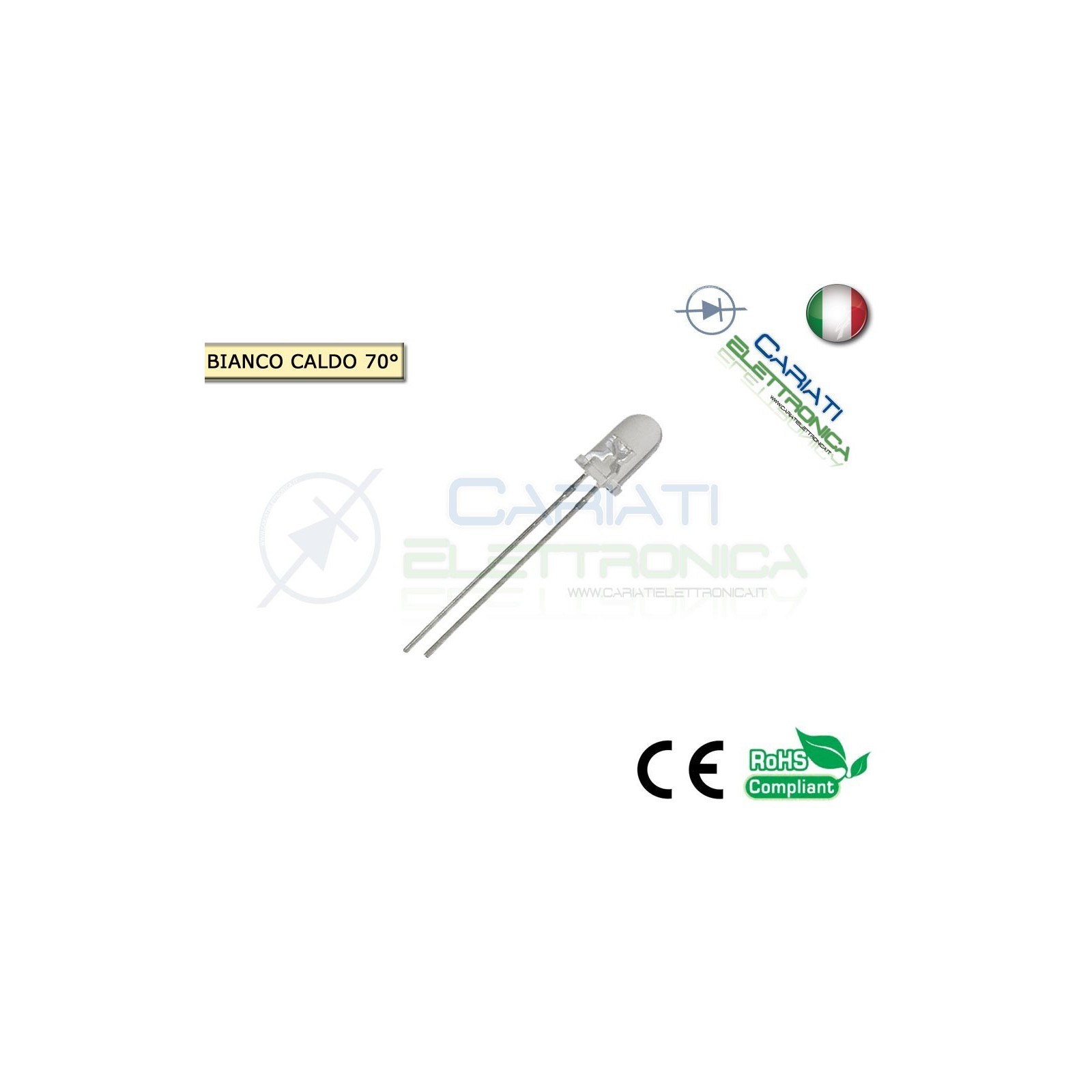 50 pz Led 5mm 70 ° Bianco Caldo 7000mcd alta luminosità