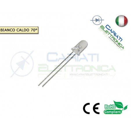 50 pz Led 5mm 70 ° Bianco Caldo 7000mcd alta luminosità