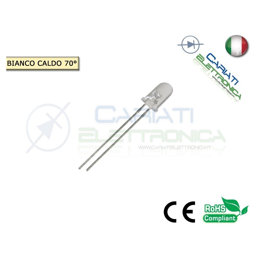 100 pz Led 5mm 70 ° Bianco Caldo 7000mcd alta luminosità