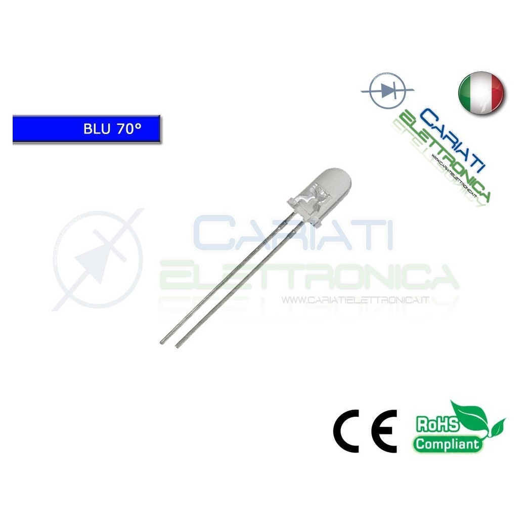50 pz Led 5mm 70 ° Blu 3000mcd alta luminosità