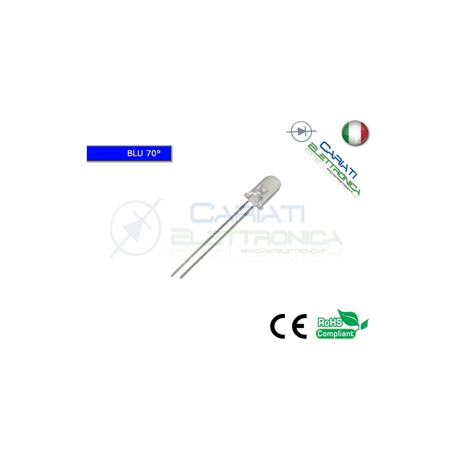 500 pz Led 5mm 70 ° Blu 3000mcd alta luminosità