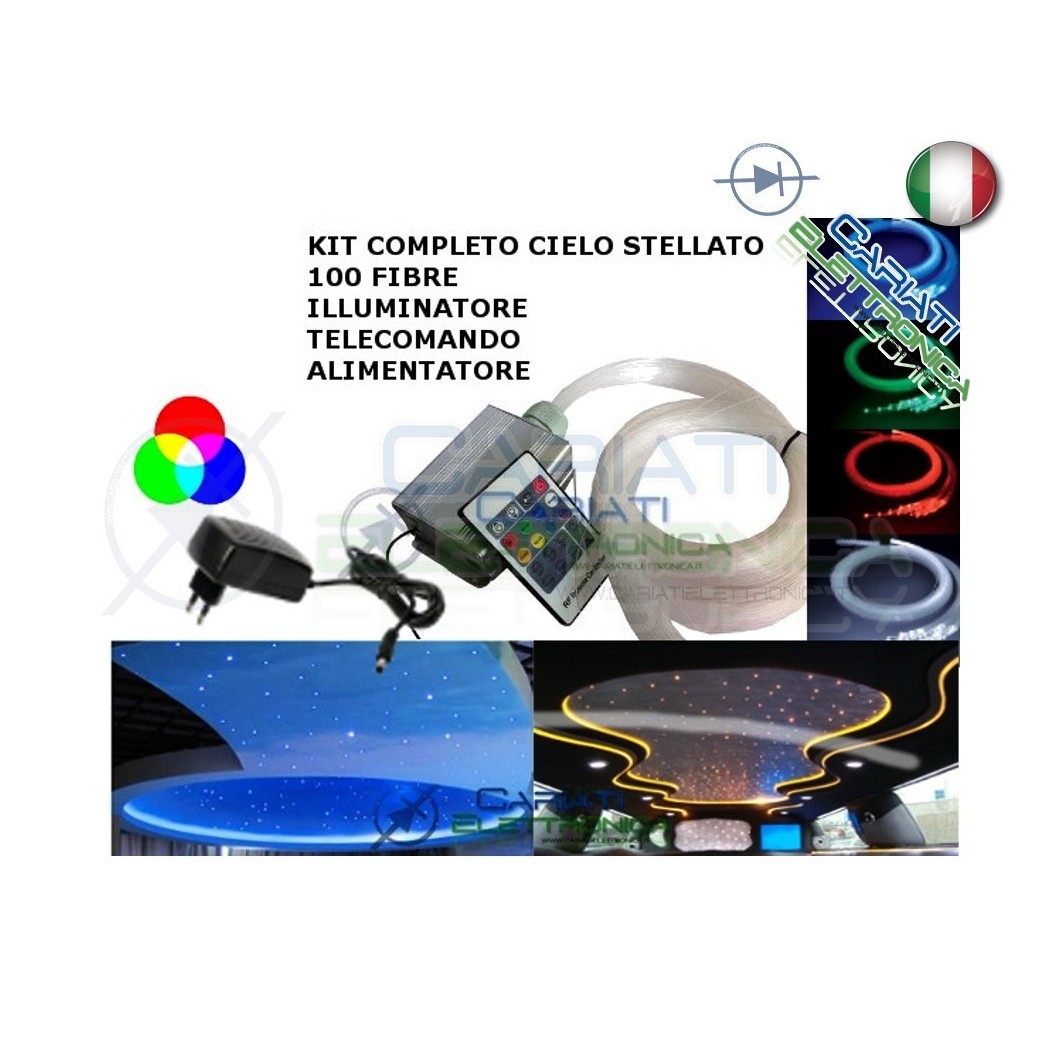 KIT CIELO STELLATO LED MULTICOLORE 100 FIBRE FIBRA OTTICA 2.5 METRI CON TELECOMANDO