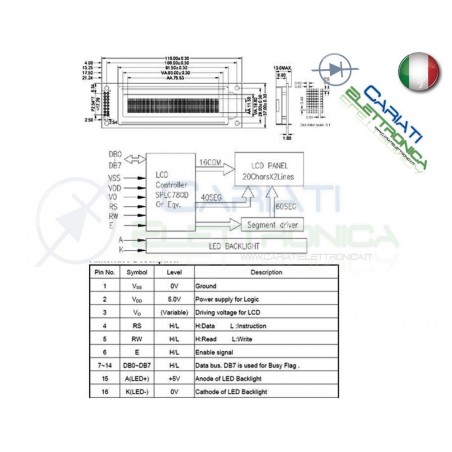 Display Lcd Character Lcm VERDE 20x2 2002 Caratteri Comp. HD44780