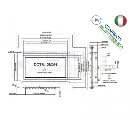 Display grafico 128x64 LCD retroilluminato BLU Arduino Pic ST7920 standard
