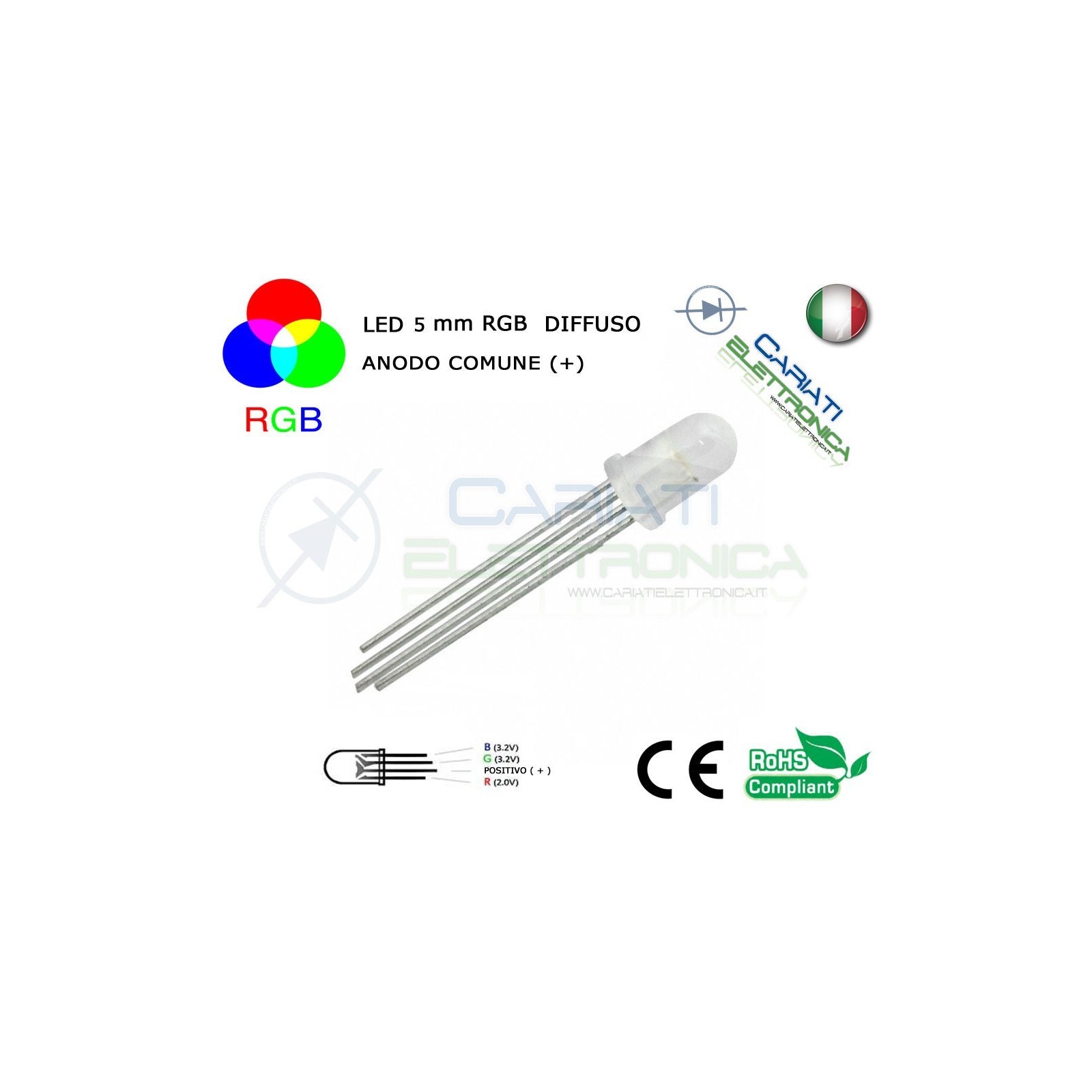 10 pz Led RGB DIFFUSO 5mm 4 pin 8000mcd ANODO COMUNE