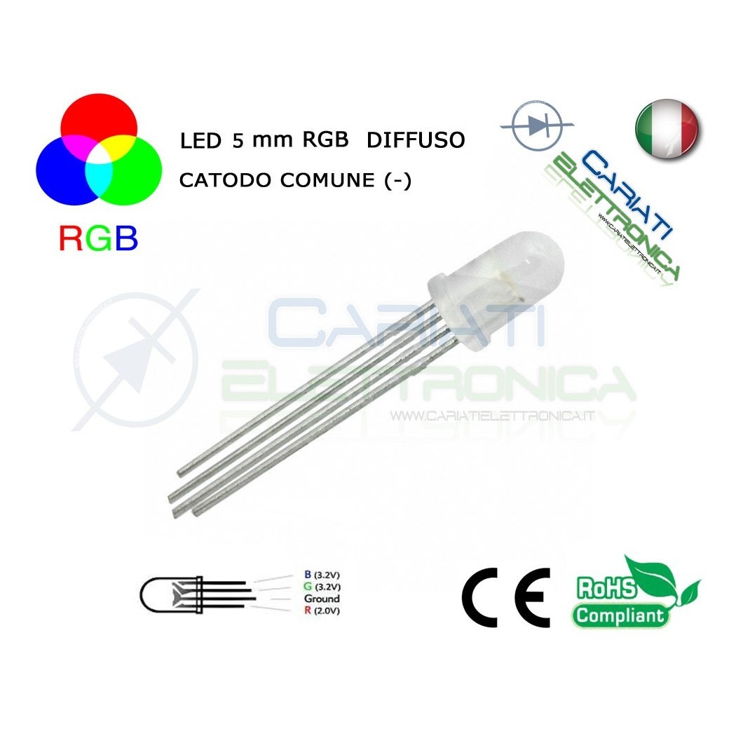 50 pz Led RGB DIFFUSO 5mm 4 pin 8000mcd CATODO COMUNE