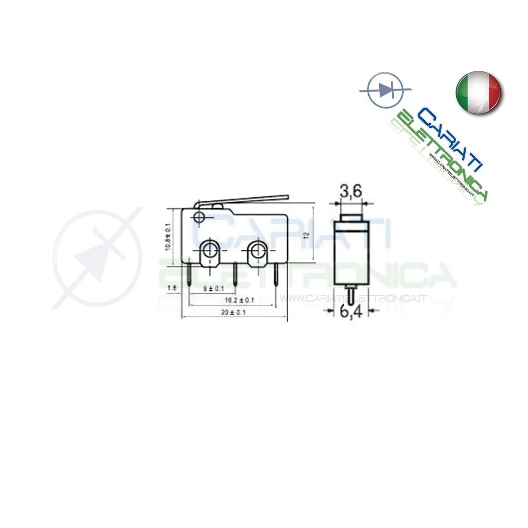 Microinterruttore Con Leva A Rotella, Corta, 16A, SPDT, Faston 6,3mm - ELECTRICA MILANO