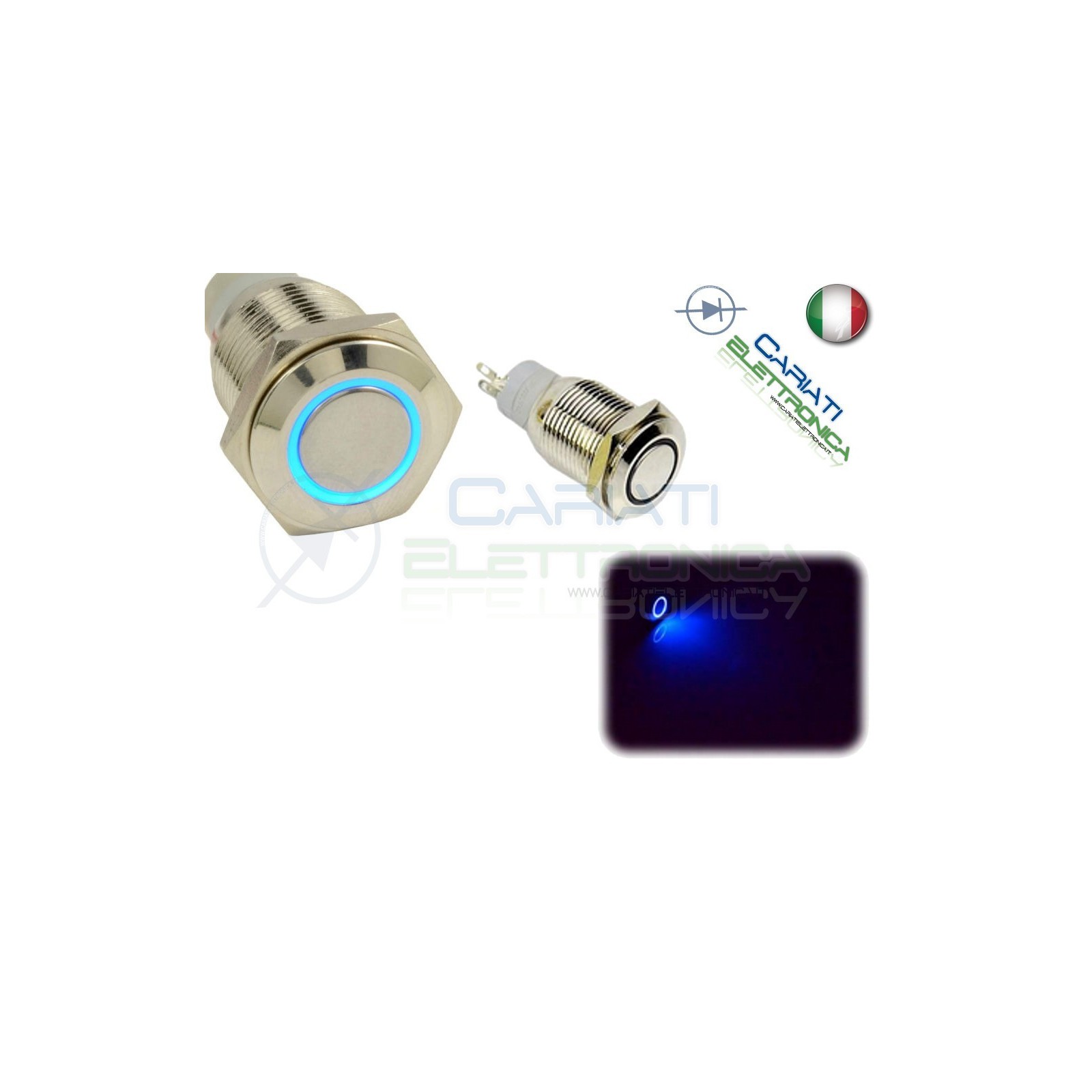 INTERRUTTORE LED BLU 12V 16MM CROMATO AUTO MOTO TUNING Angel Eye