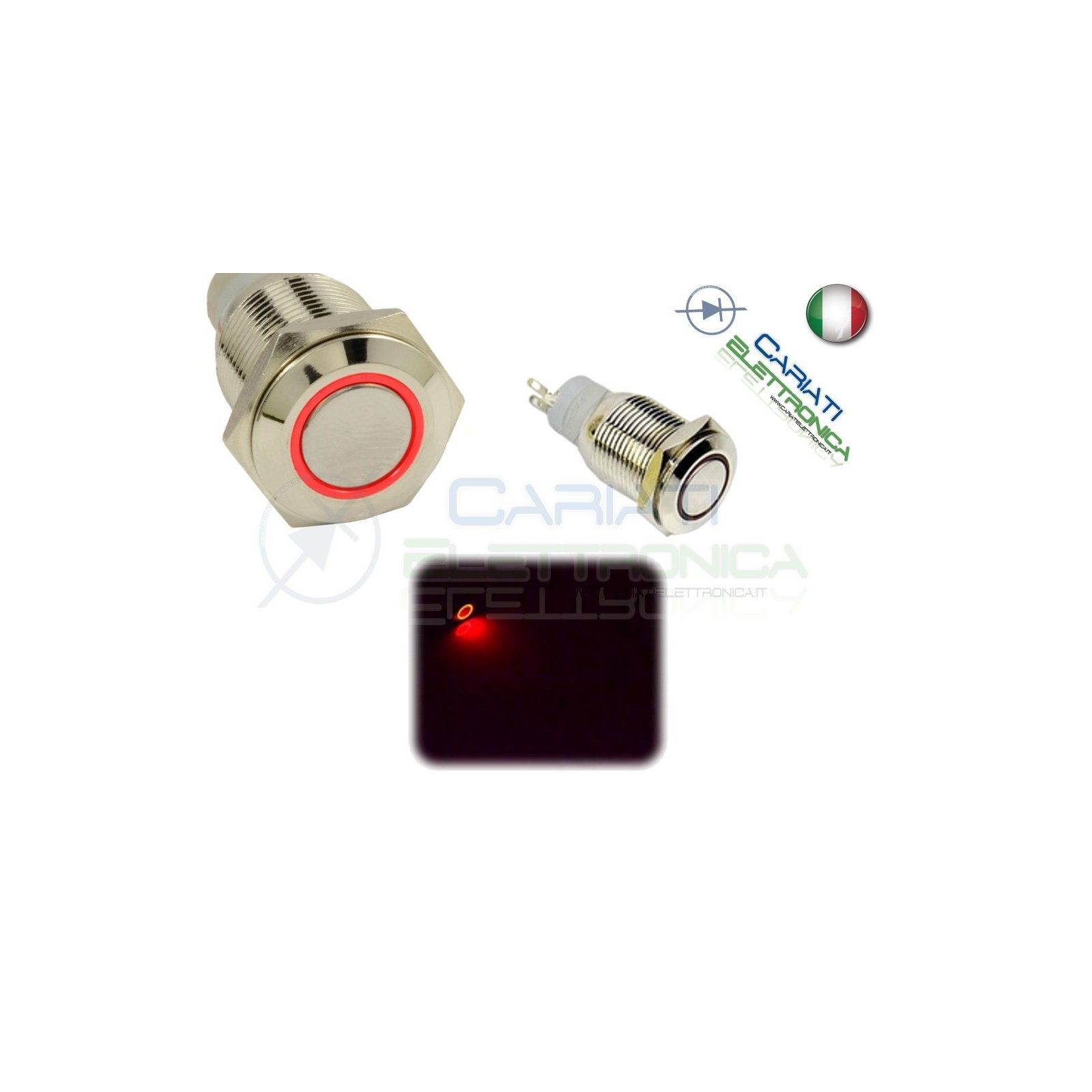 INTERRUTTORE LED ROSSO 12V 16MM CROMATO AUTO MOTO TUNING Angel Eye