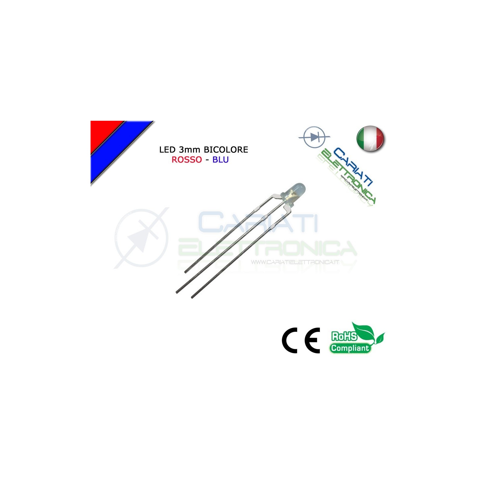 100 PZ Led 3mm Bicolore Rosso Blu 8000mcd CATODO COMUNE 3 Pin