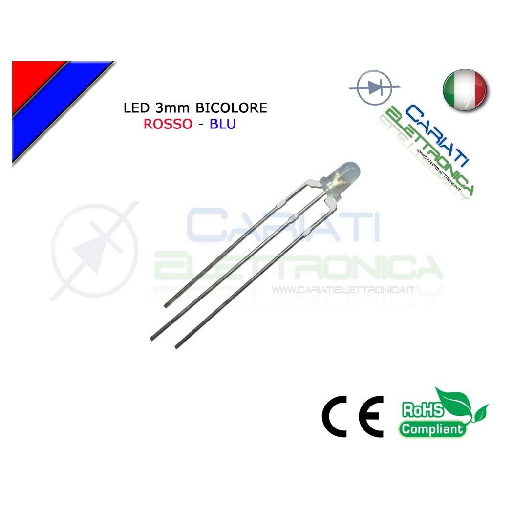 100 PZ Led 3mm Bicolore Rosso Blu 8000mcd CATODO COMUNE 3 Pin