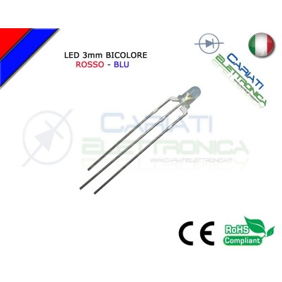 500 PZ Led 3mm Bicolore Rosso Blu 8000mcd CATODO COMUNE 3 Pin