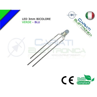50 PZ Led 3mm Bicolore Verde Blu 8000mcd CATODO COMUNE 3 Pin
