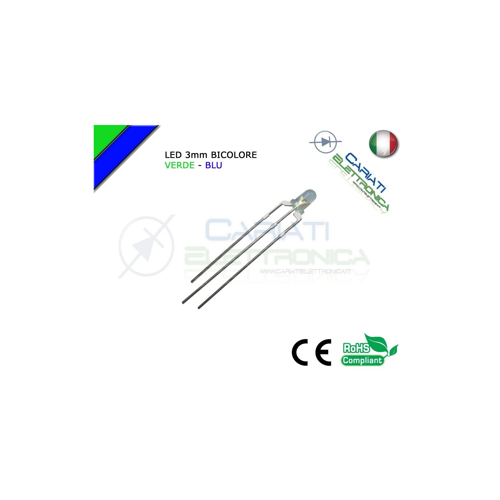 100 PZ Led 3mm Bicolore Verde Blu 8000mcd CATODO COMUNE 3 Pin
