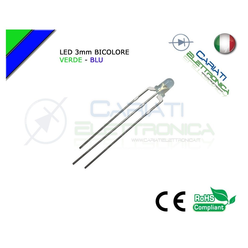 100 PZ Led 3mm Bicolore Verde Blu 8000mcd CATODO COMUNE 3 Pin