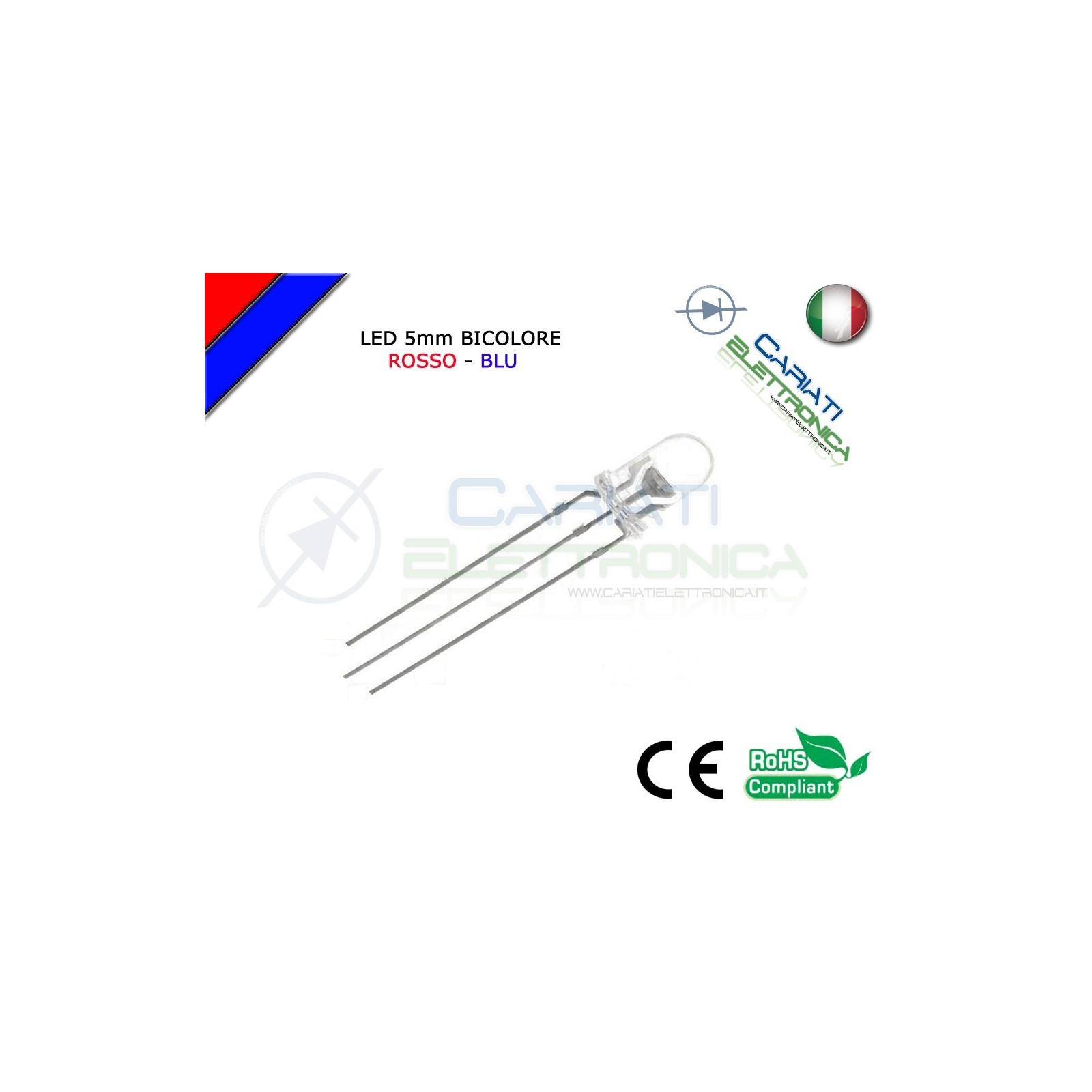 10 PZ Led 5mm Bicolore Rosso Blu 8000mcd CATODO COMUNE 3 Pin