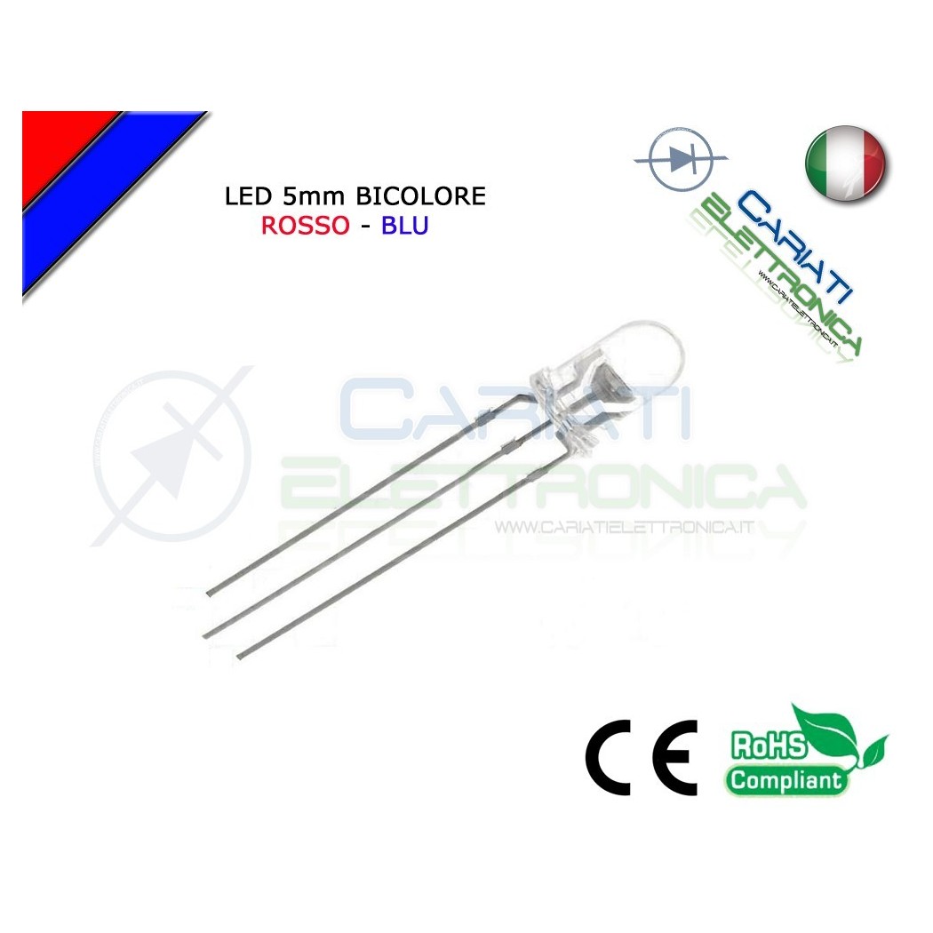 50 PZ Led 5mm Bicolore Rosso Blu 8000mcd CATODO COMUNE 3 Pin