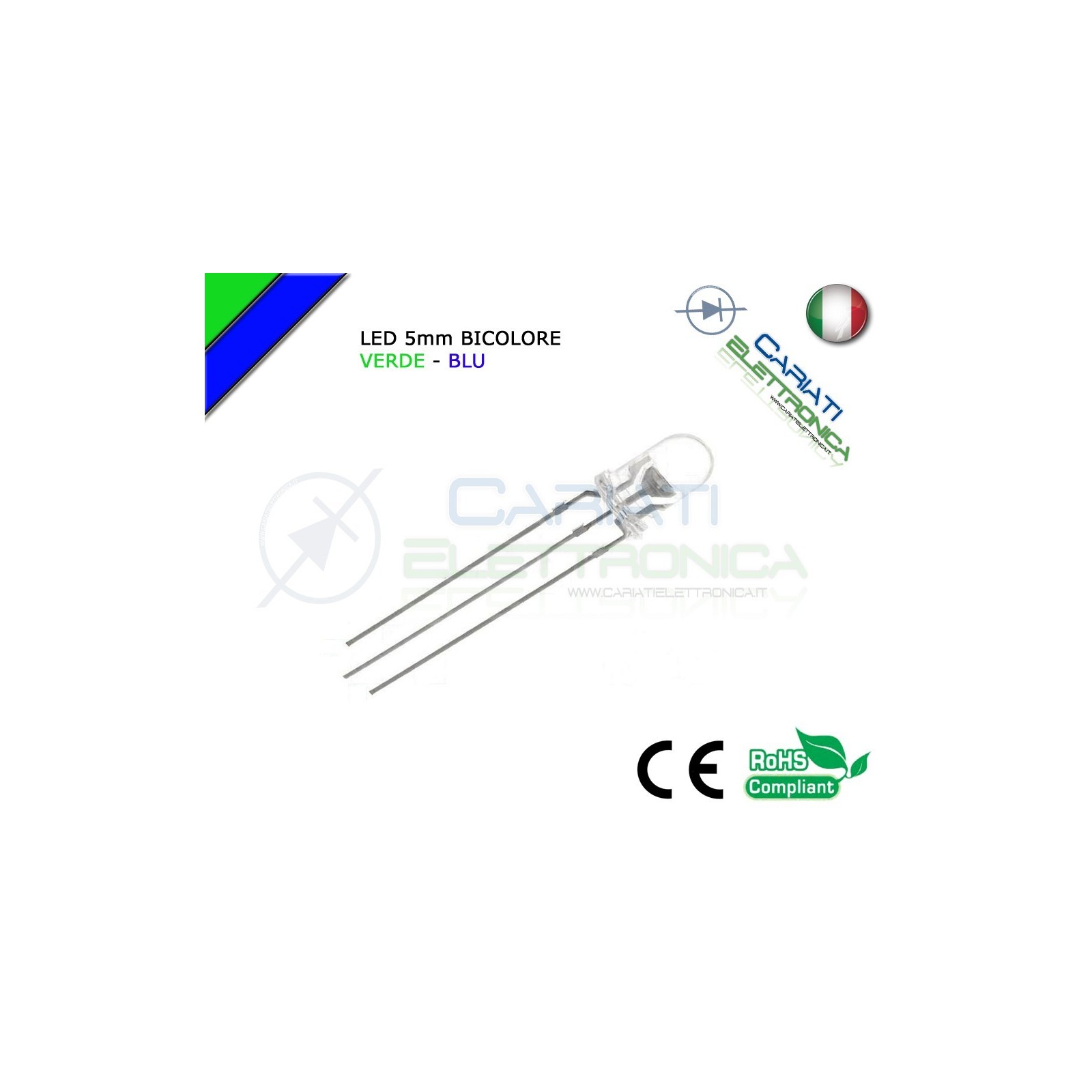 10 PZ Led 5mm Bicolore Verde Blu 8000mcd CATODO COMUNE 3 Pin