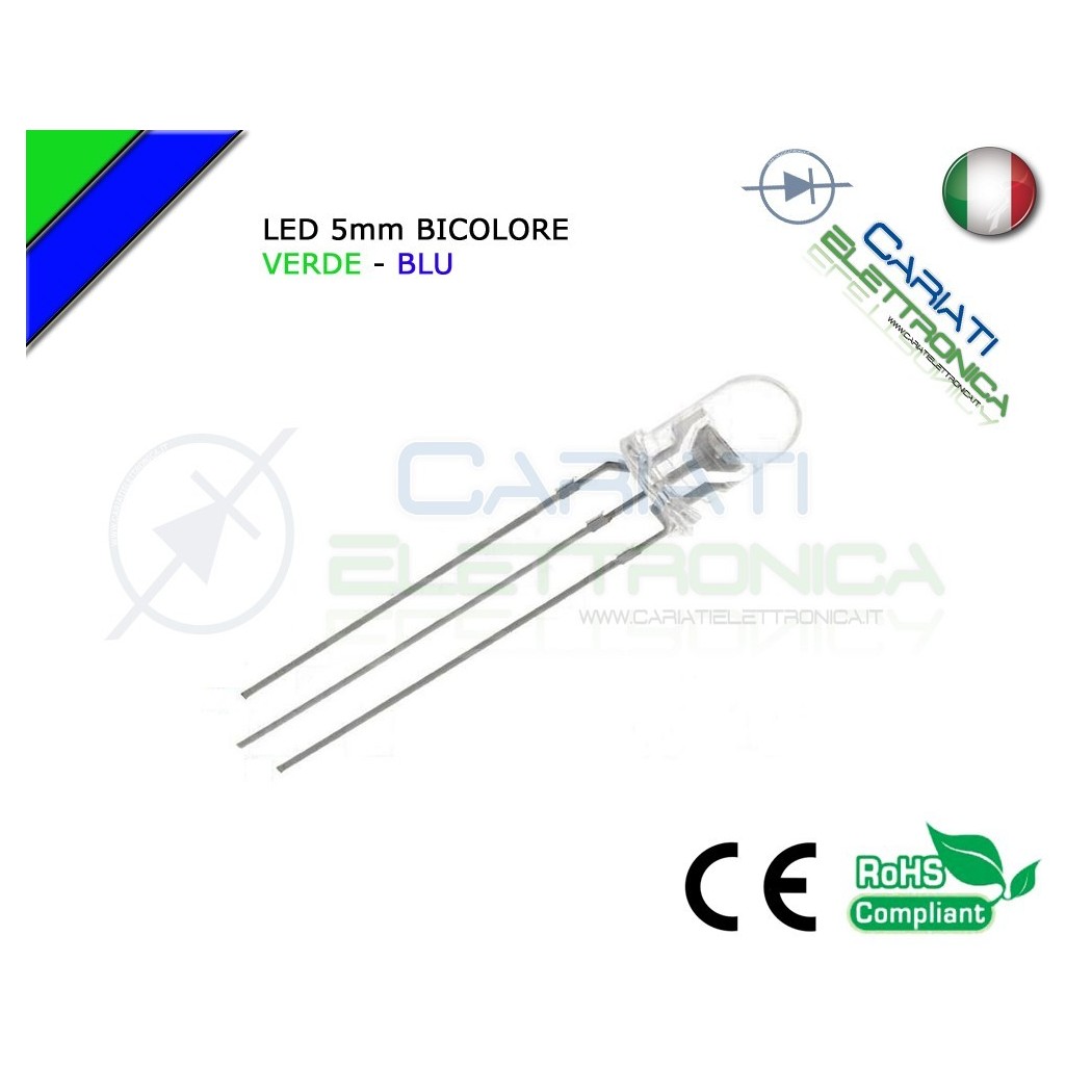 10 PZ Led 5mm Bicolore Verde Blu 8000mcd CATODO COMUNE 3 Pin