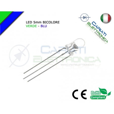 50 PZ Led 5mm Bicolore Verde Blu 8000mcd CATODO COMUNE 3 Pin