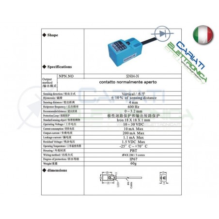 Sensore di Prossimità Induttivo NPN NO 10-30Vdc Finecorsa Arduino