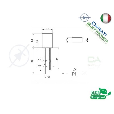 50 PEZZI Led rettangolare rettangolari 110° 2x5x7mm colore Rosso Flat Top